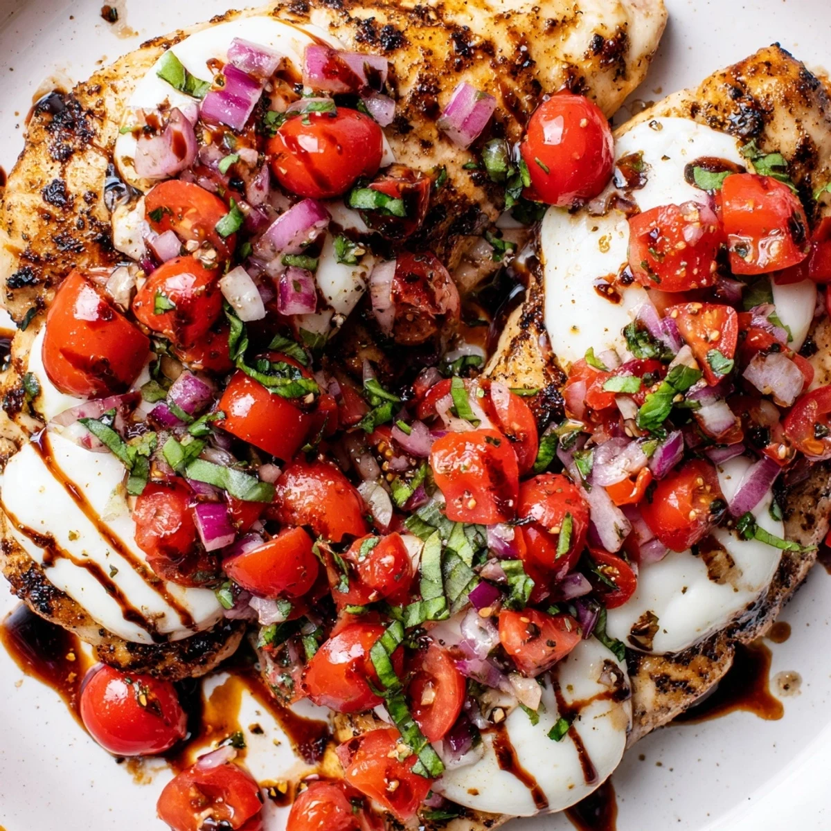 Juicy seasoned chicken topped with warm mozzarella slices and colorful bruschetta garnished with fresh basil leaves