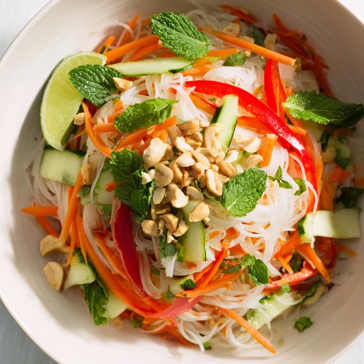 Colorful Vietnamese noodle salad with crisp vegetables and zesty lime dressing in a bowl.