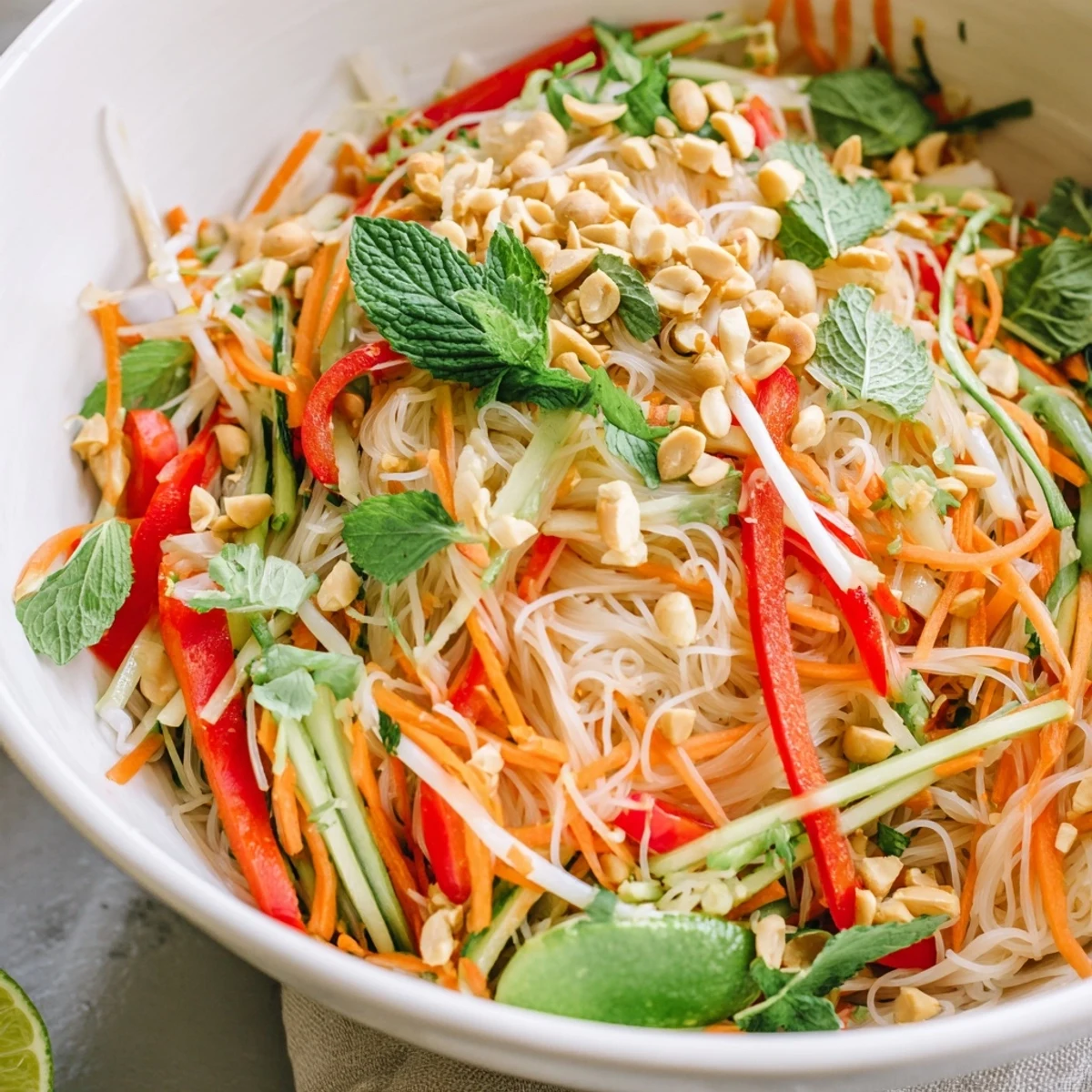 Refreshing Vietnamese noodle salad featuring rice noodles, fresh herbs, and crunchy peanuts garnish.