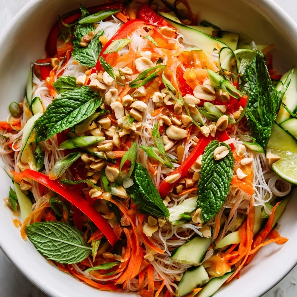 Vibrant Vietnamese noodle salad tossed with tangy dressing and crisp vegetable juliennes.