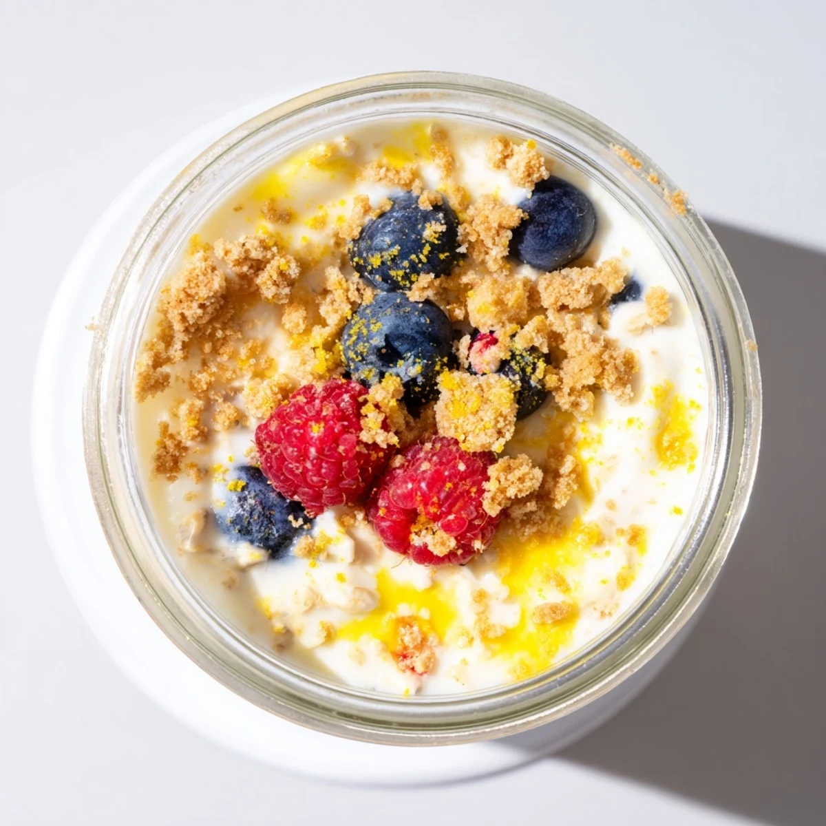Creamy overnight oats in a mason jar with lemon zest garnish and scattered red raspberries