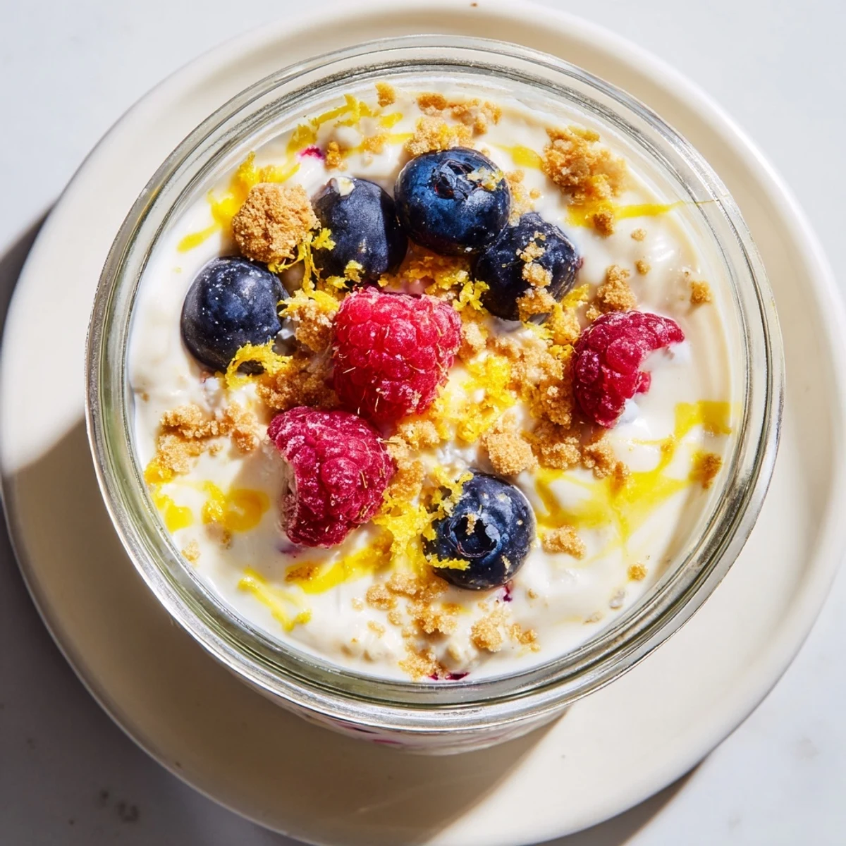 Spoon lifting thick lemon cheesecake overnight oats with yogurt swirl and berry topping on white background