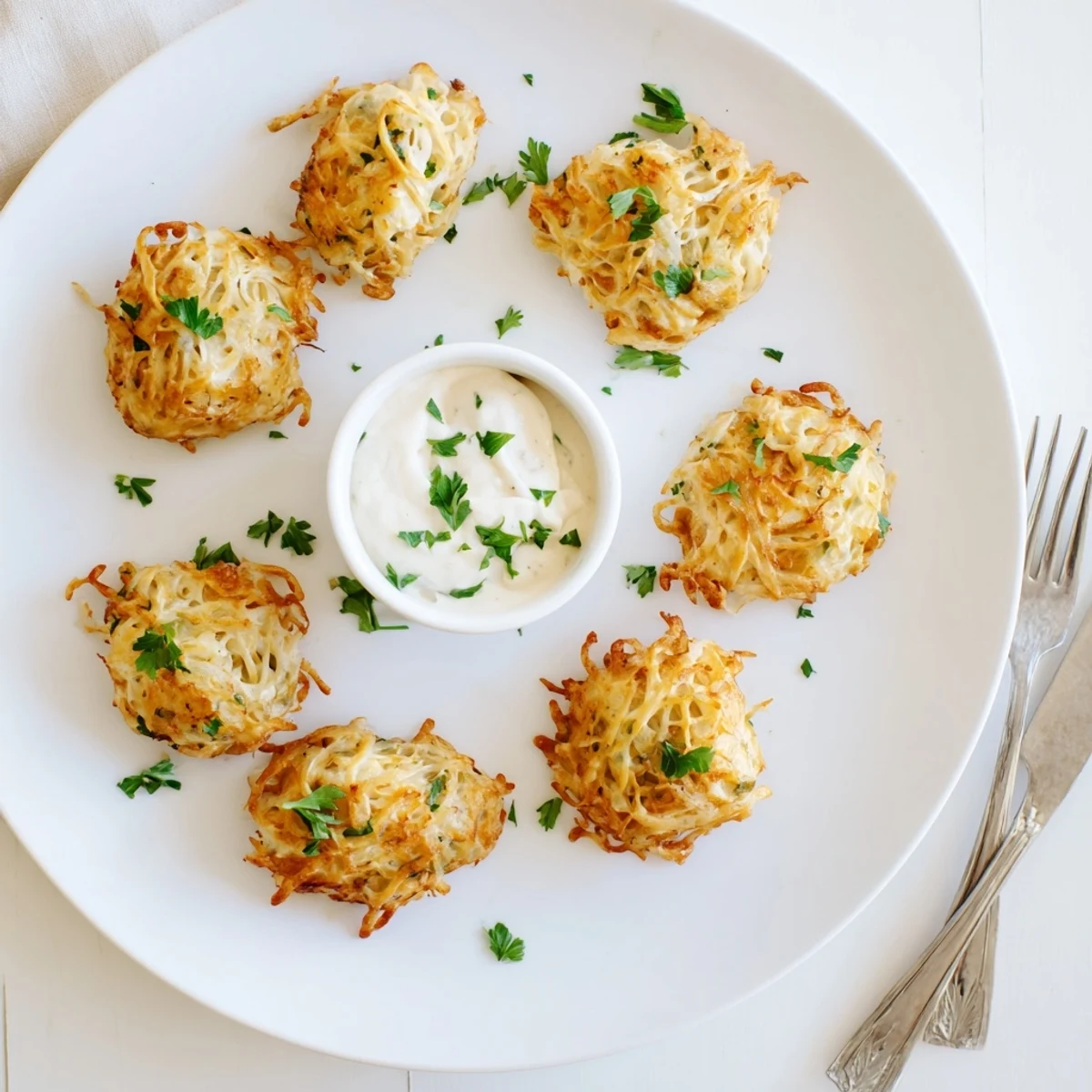 Golden brown chicken fritters with melted mozzarella served alongside creamy garlic aioli dipping sauce