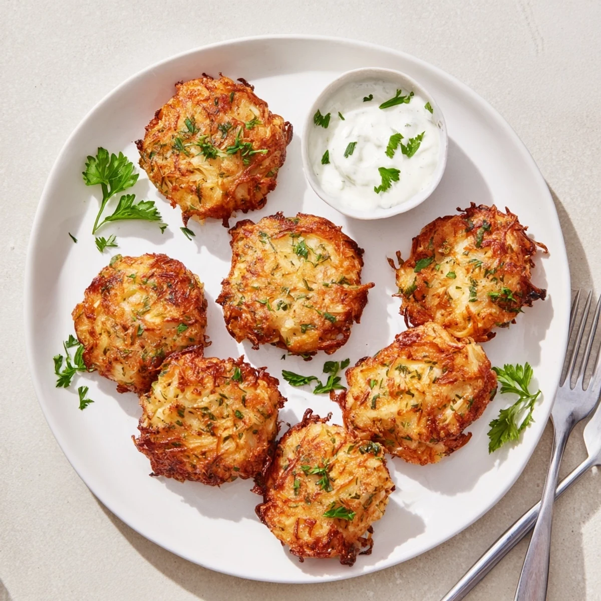 Crispy cheesy chicken fritters arranged on white plate with homemade garlic aioli dip in small bowl