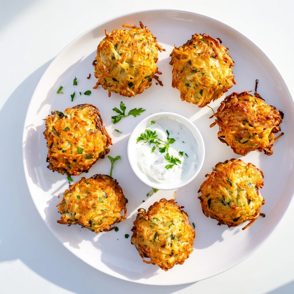 Tender pan-fried chicken and cheese fritters garnished with fresh parsley beside tangy garlic mayonnaise sauce