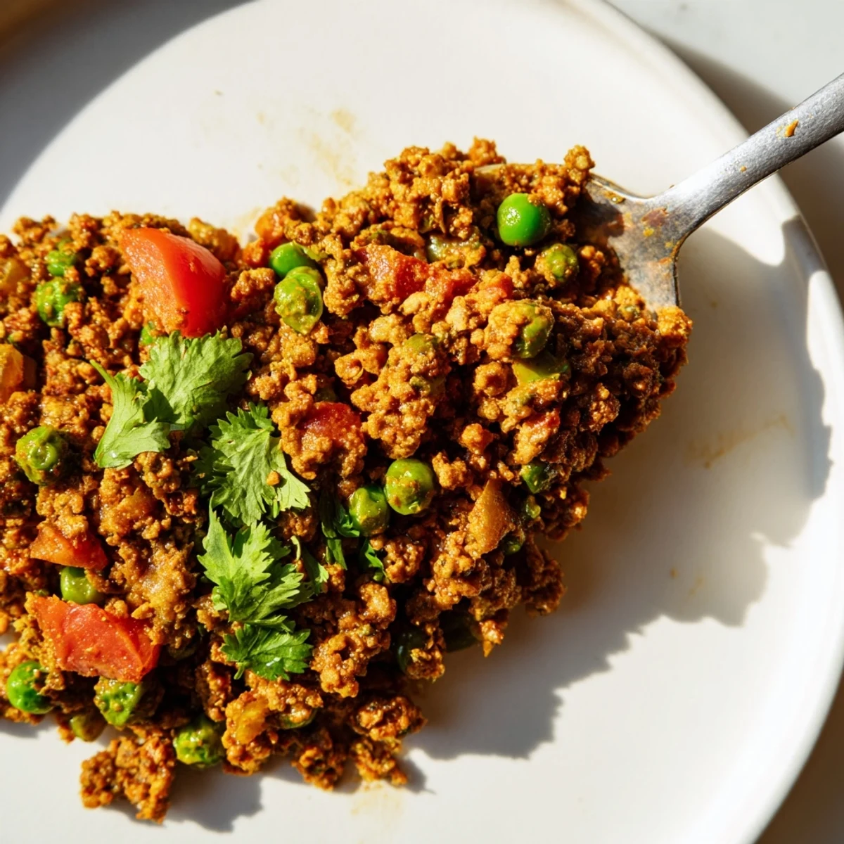 Savory Keema curry with ground meat, tender peas, and fragrant spices served in a bowl