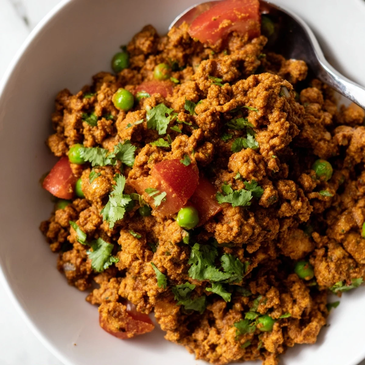 Golden aromatic Savory Keema Curry plated with fluffy basmati rice and fresh cilantro garnish