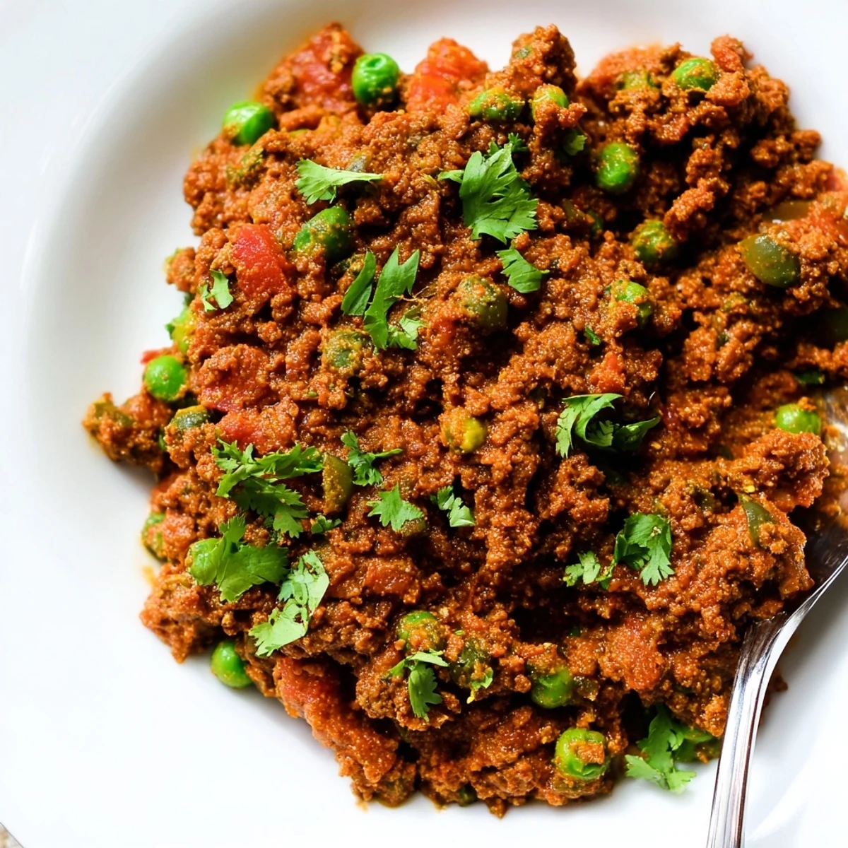 Rich and spicy Savory Keema Curry simmered with tomatoes, green peas, and warm Indian spices