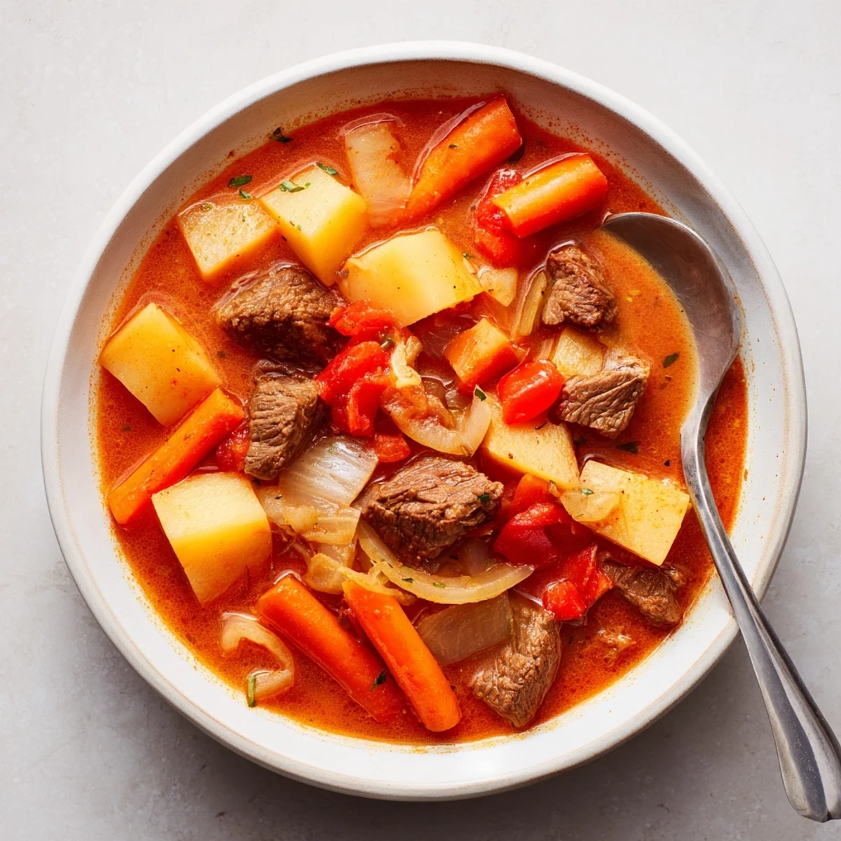 Rich Hungarian gulyás stew with tender beef, carrots, and potatoes in a savory paprika broth