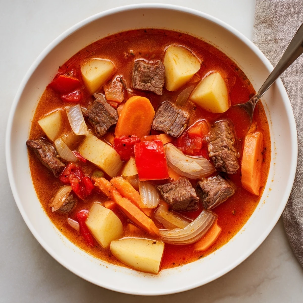 Steaming Hungarian gulyás soup-stew with beef cubes, root vegetables, and aromatic sweet paprika