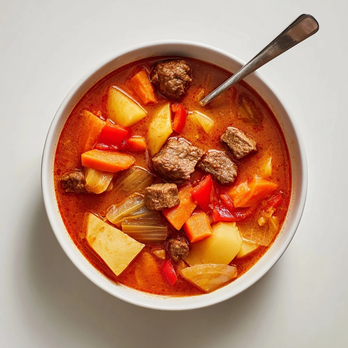 Hearty bowl of Hungarian gulyás featuring chunks of beef and vegetables swimming in spiced broth