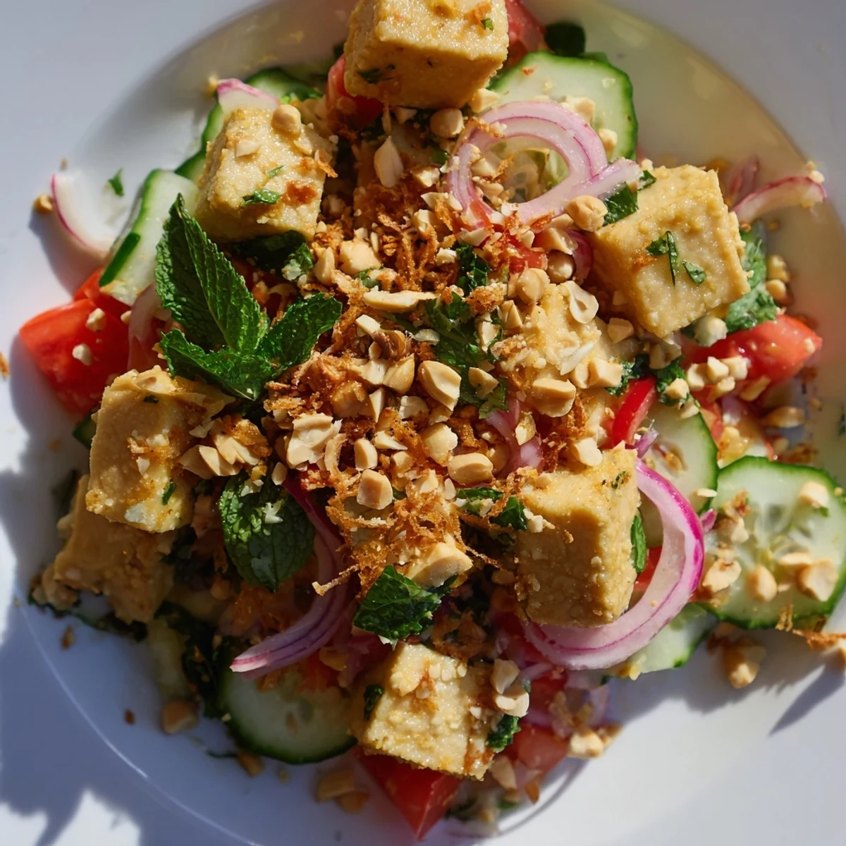 Golden bowl of Tofu Thoke Burmese salad with fresh herbs, crisp vegetables, and crunchy peanut garnish