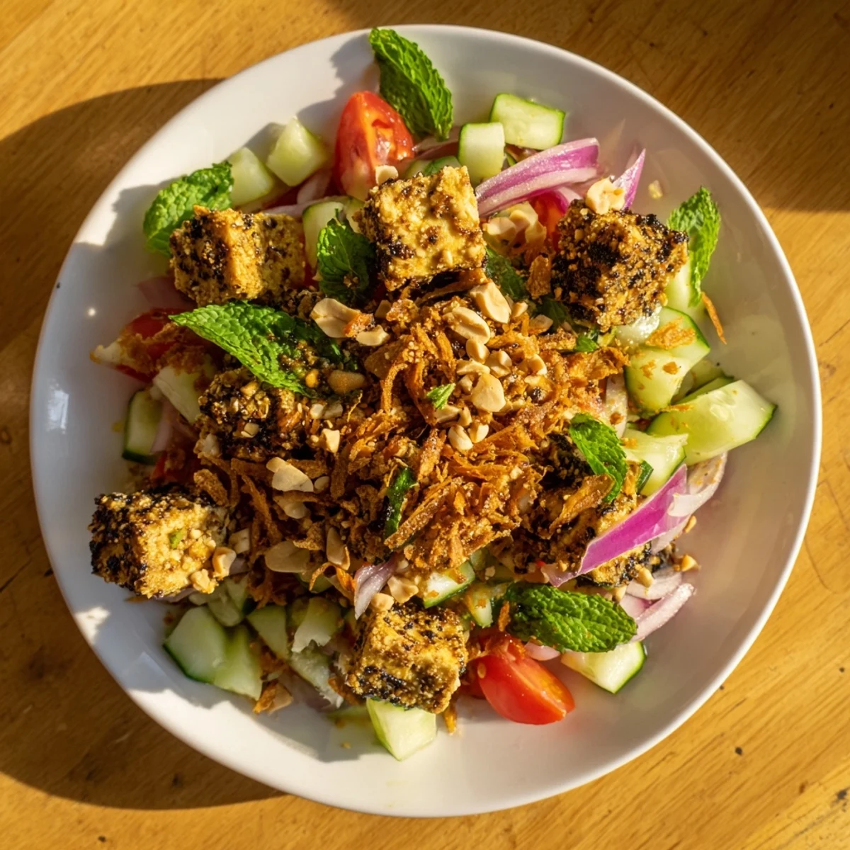 Vibrant Tofu Thoke featuring silken tofu cubes tossed with tangy lime dressing and crispy fried shallots