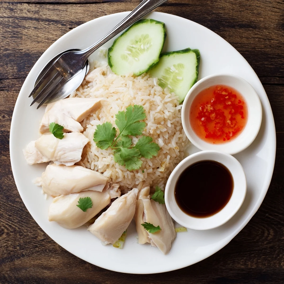 Hainanese chicken rice featuring tender meat served alongside spicy chili sauce and savory soy dipping sauce