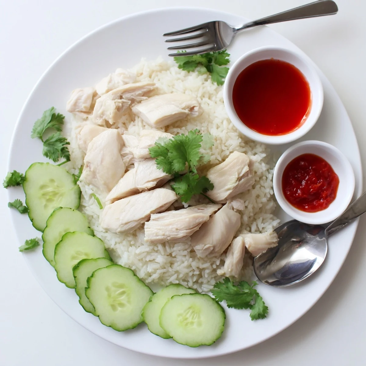 Golden poached chicken arranged over fragrant garlic-ginger rice with fresh cilantro and sliced cucumber
