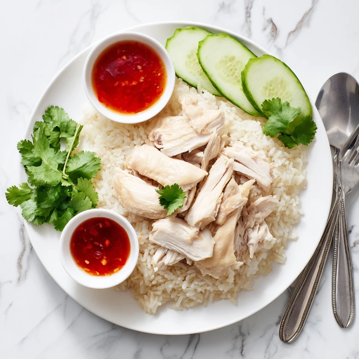 Steaming jasmine rice topped with succulent poached chicken garnished with herbs and crisp cucumber slices