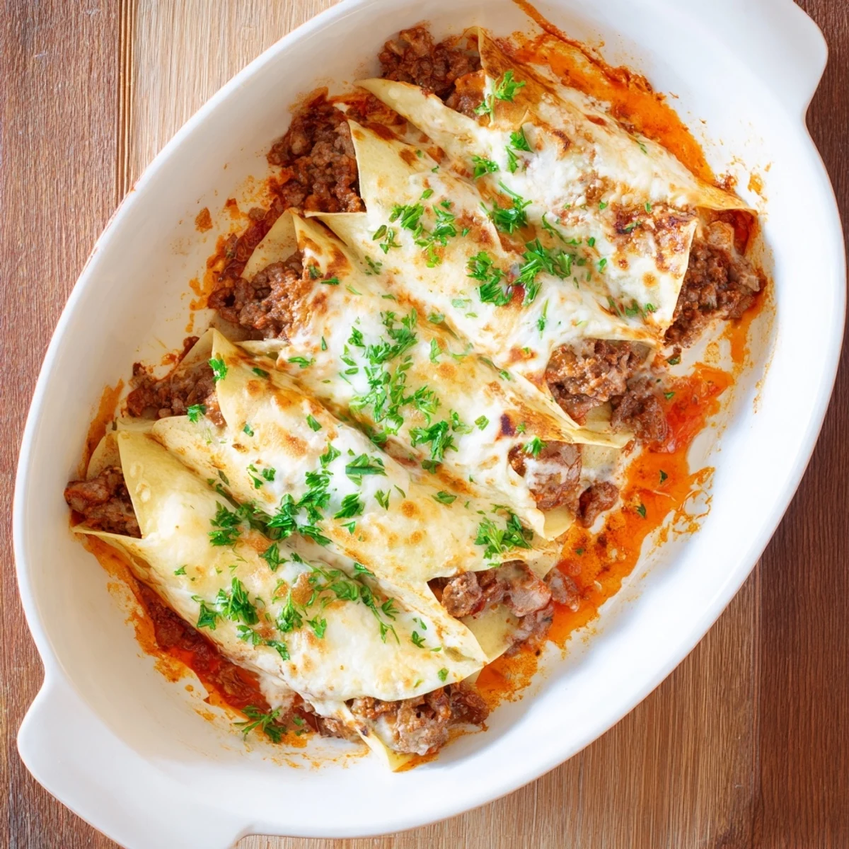 Golden Hungarian crepes rolled with spiced meat filling bubbling under creamy sour cream sauce