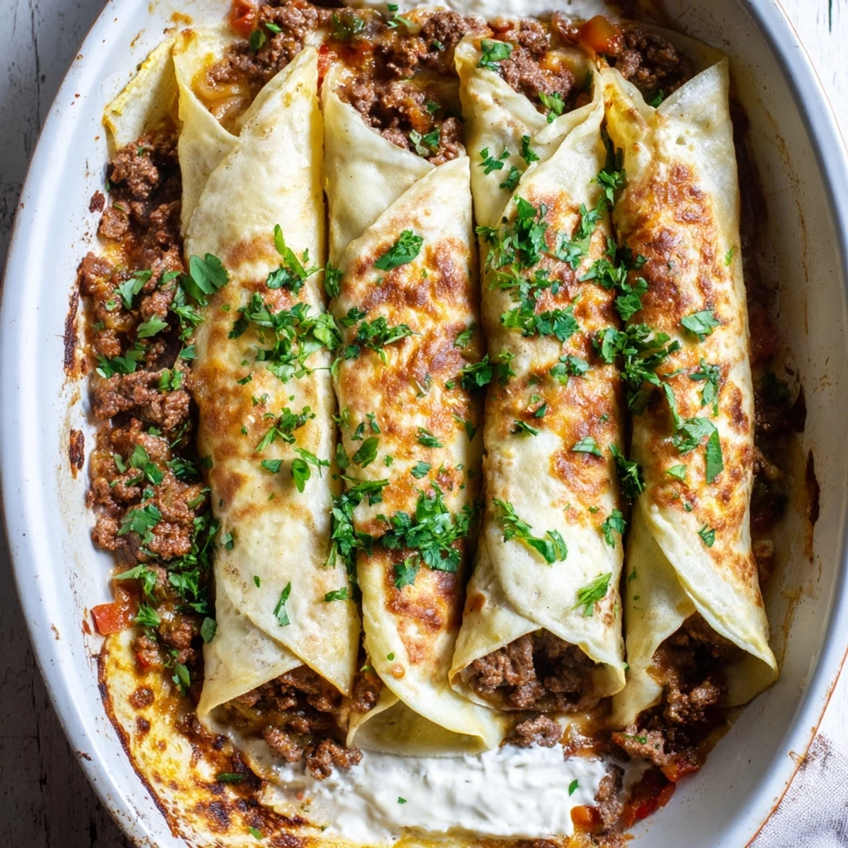 Traditional Hungarian meat-filled crepes smothered in rich sour cream sauce and baked to perfection