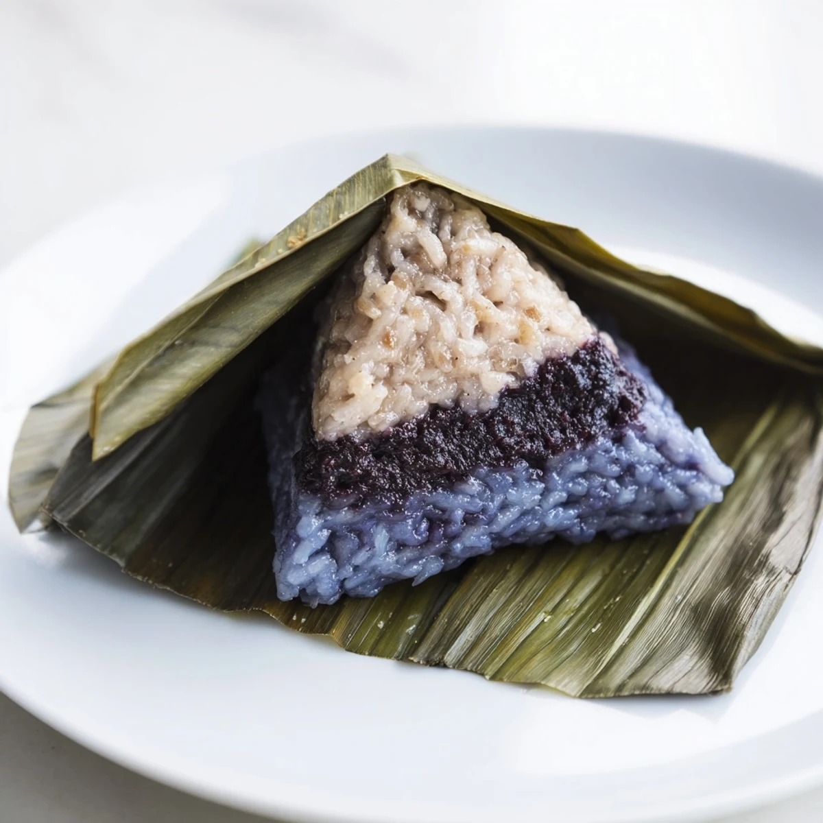 Golden Malaysian Pulut Inti dessert featuring sweet coconut topping over steamed glutinous rice wrapped in banana leaves