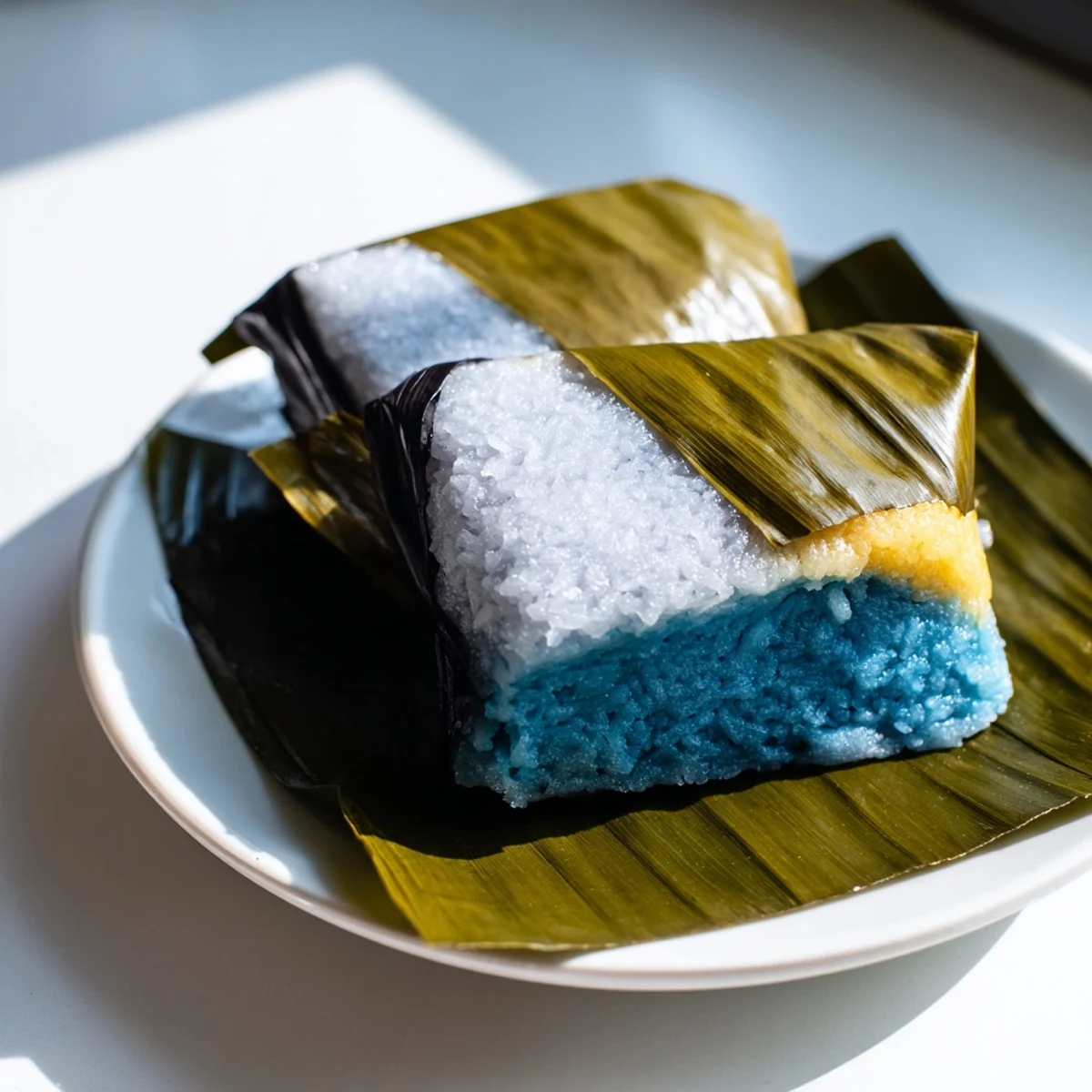 Authentic Malaysian Pulut Inti snack with caramelized coconut cream layered on tender glutinous rice in leaf wrapper