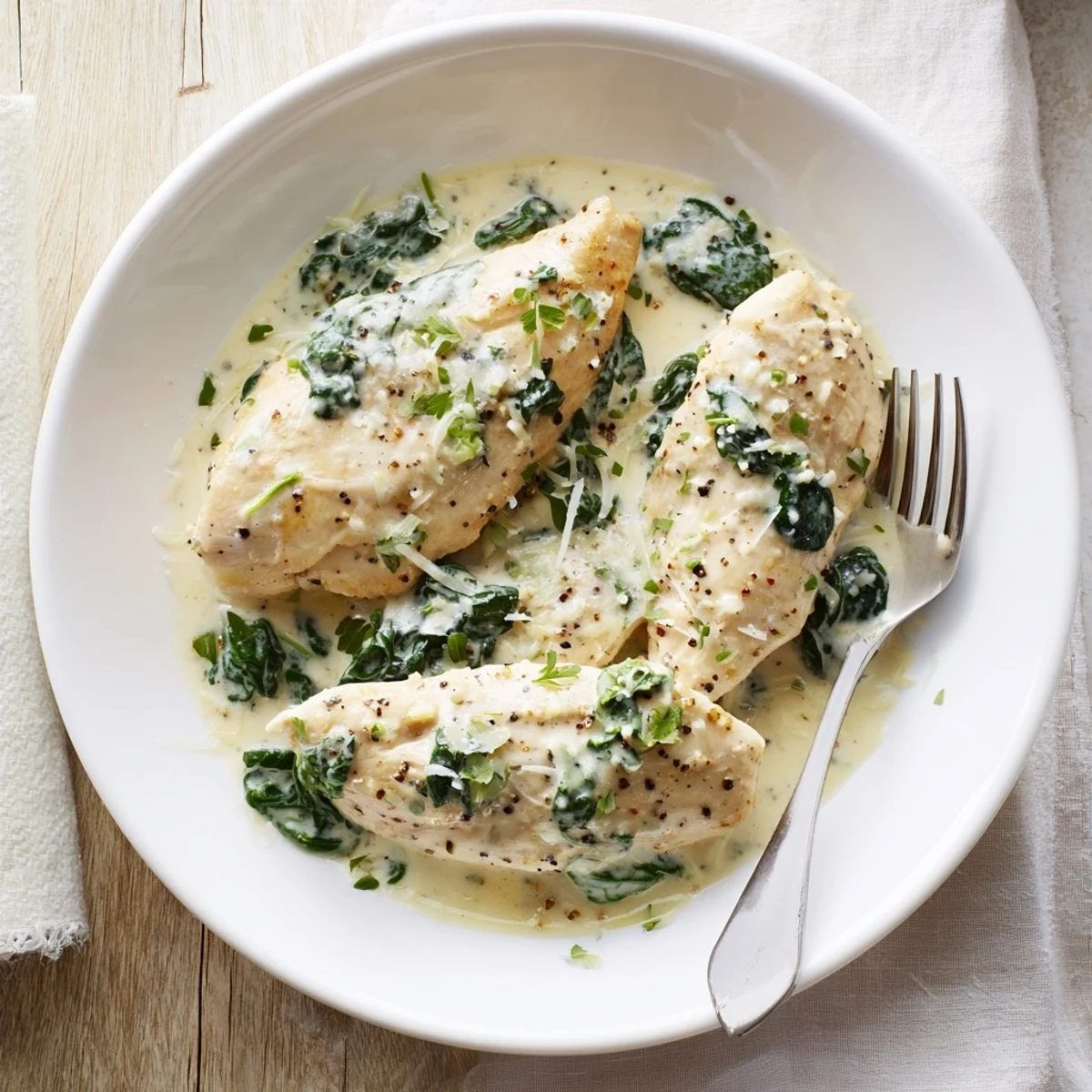 Golden brown chicken breasts nestled in a rich garlic parmesan sauce with wilted spinach