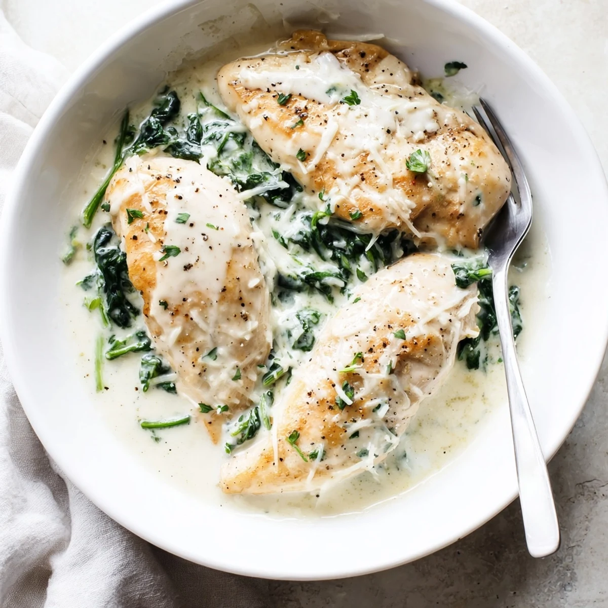 Savory chicken simmering in velvety white parmesan cream sauce with vibrant green spinach leaves