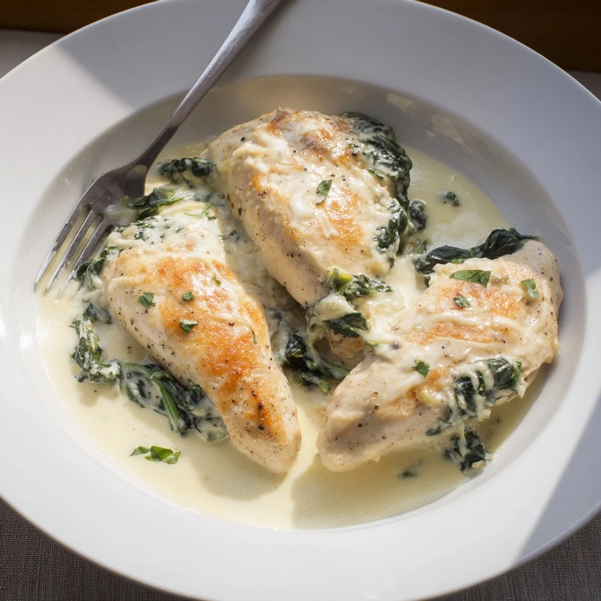 Tender creamy parmesan chicken skillet served in a cast iron pan with fresh parsley garnish
