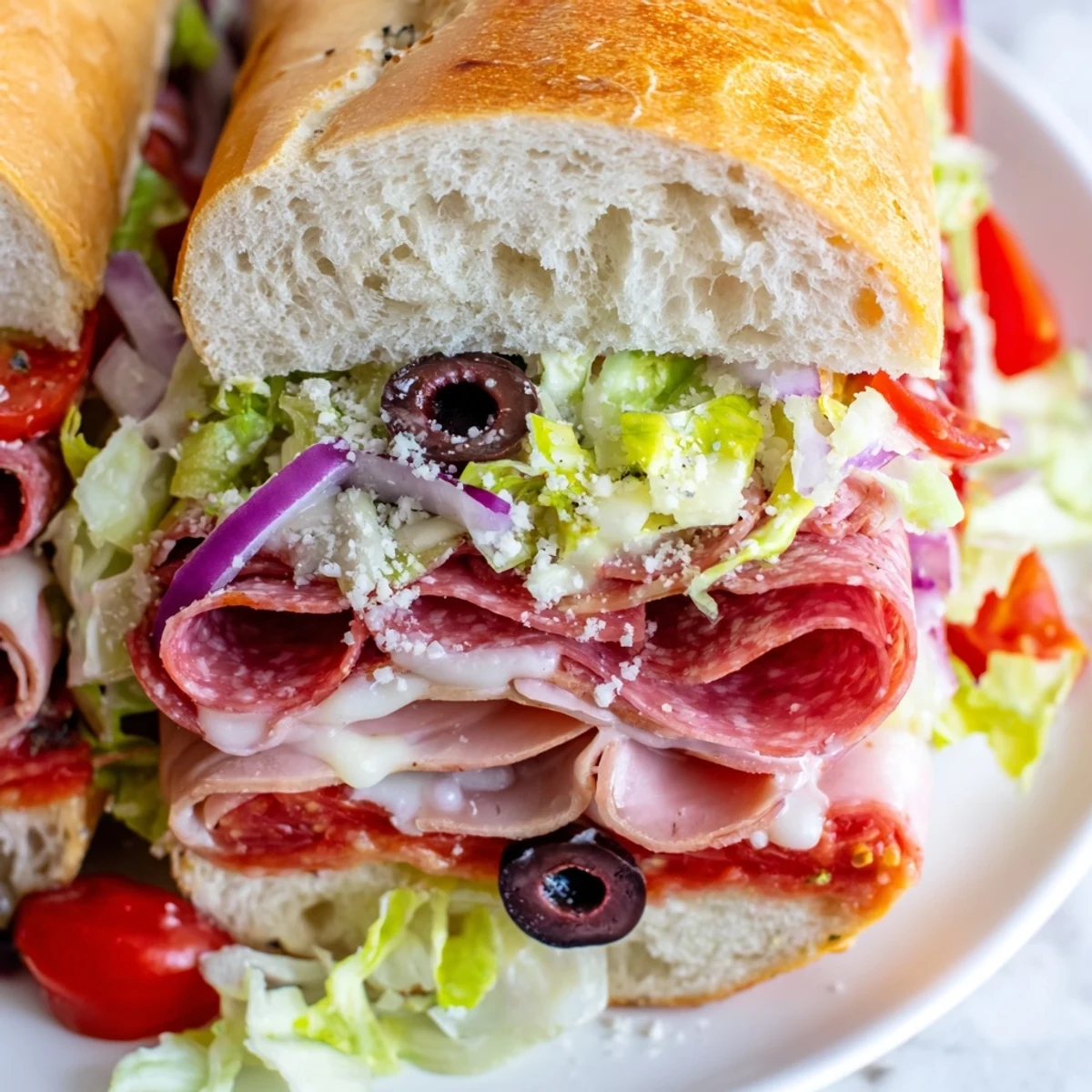 Crispy Italian grinder salad sandwich loaded with cured meats and tangy vegetable dressing