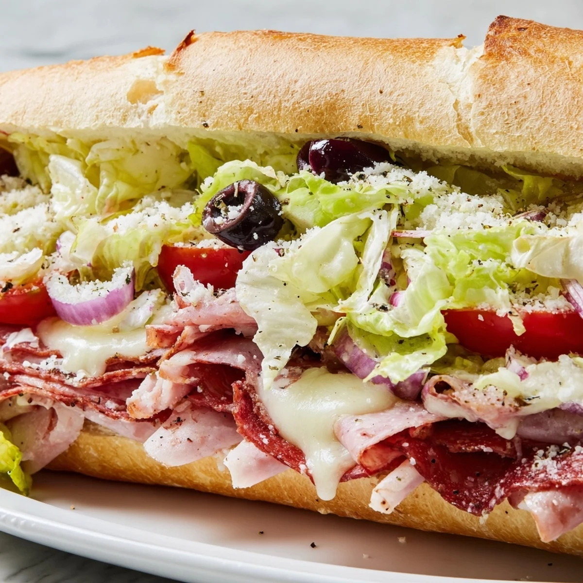 Hearty hoagie roll piled high with melted cheese and zesty Italian salad mixture