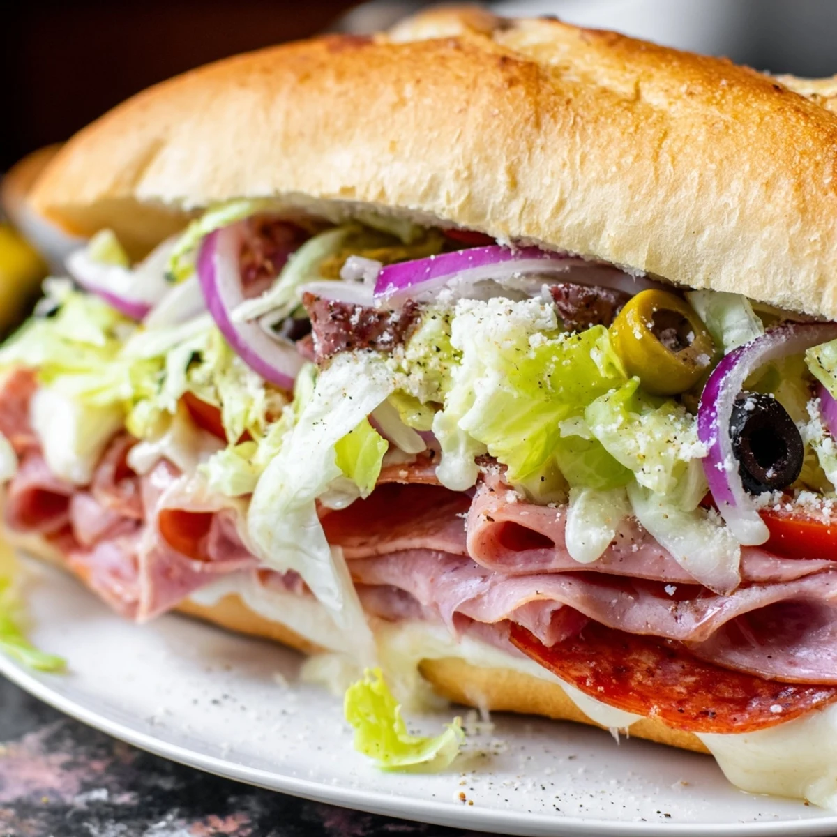Sliced Italian grinder sandwich overflowing with fresh lettuce tomatoes and savory deli meats