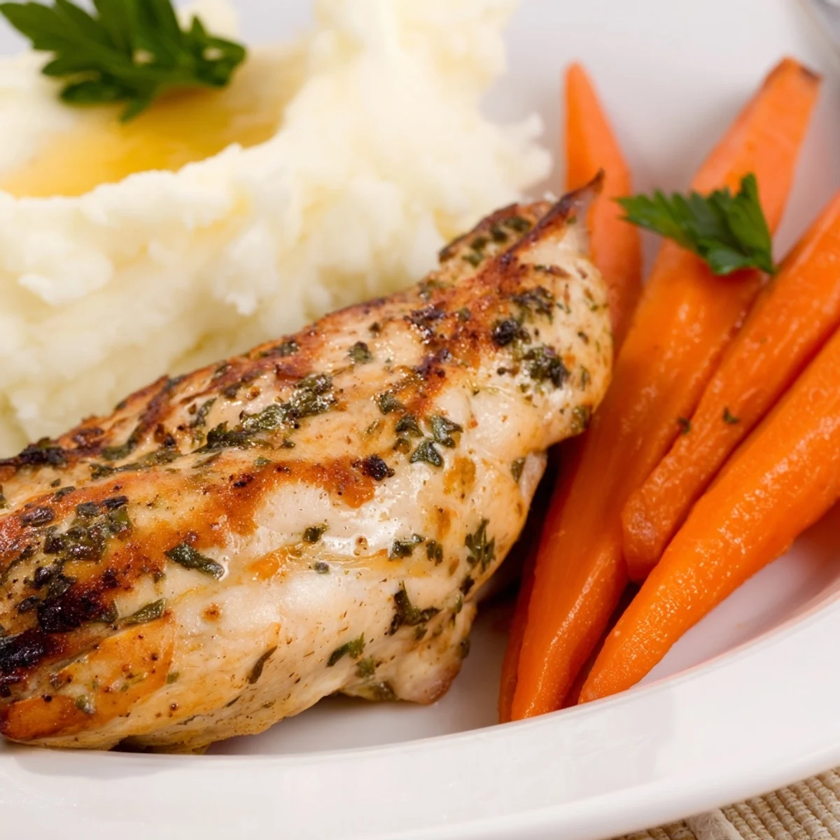 Plated garlic herb chicken served beside velvety mashed potatoes and shiny sweet honey carrots
