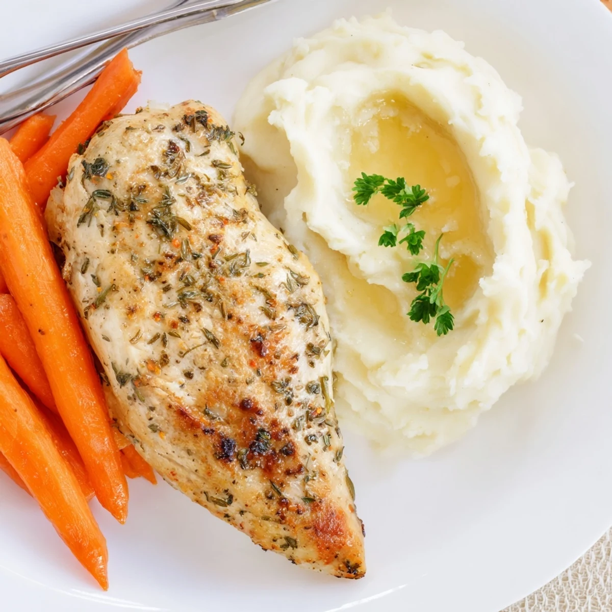Golden herb-crusted chicken breast resting on creamy buttery mashed potatoes with honey-glazed carrot rounds