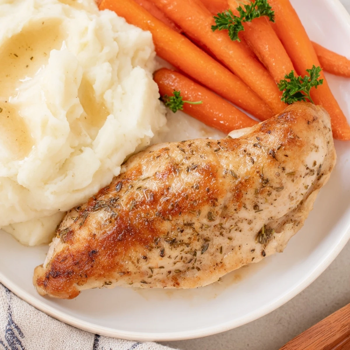 Family dinner plate featuring tender marinated chicken alongside smooth mashed potatoes and glazed carrot slices