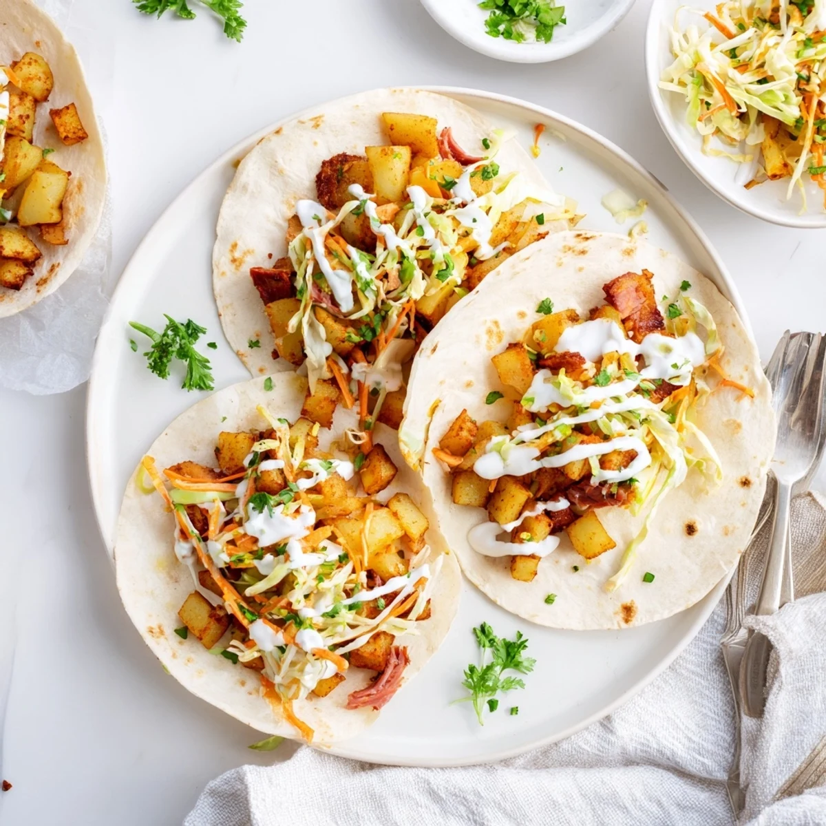 Irish tacos topped with crunchy cabbage slaw and creamy sour cream drizzle