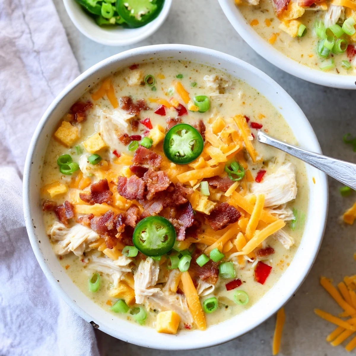 Bowl of spicy jalapeno popper chicken soup topped with melted cheddar and crumbled bacon