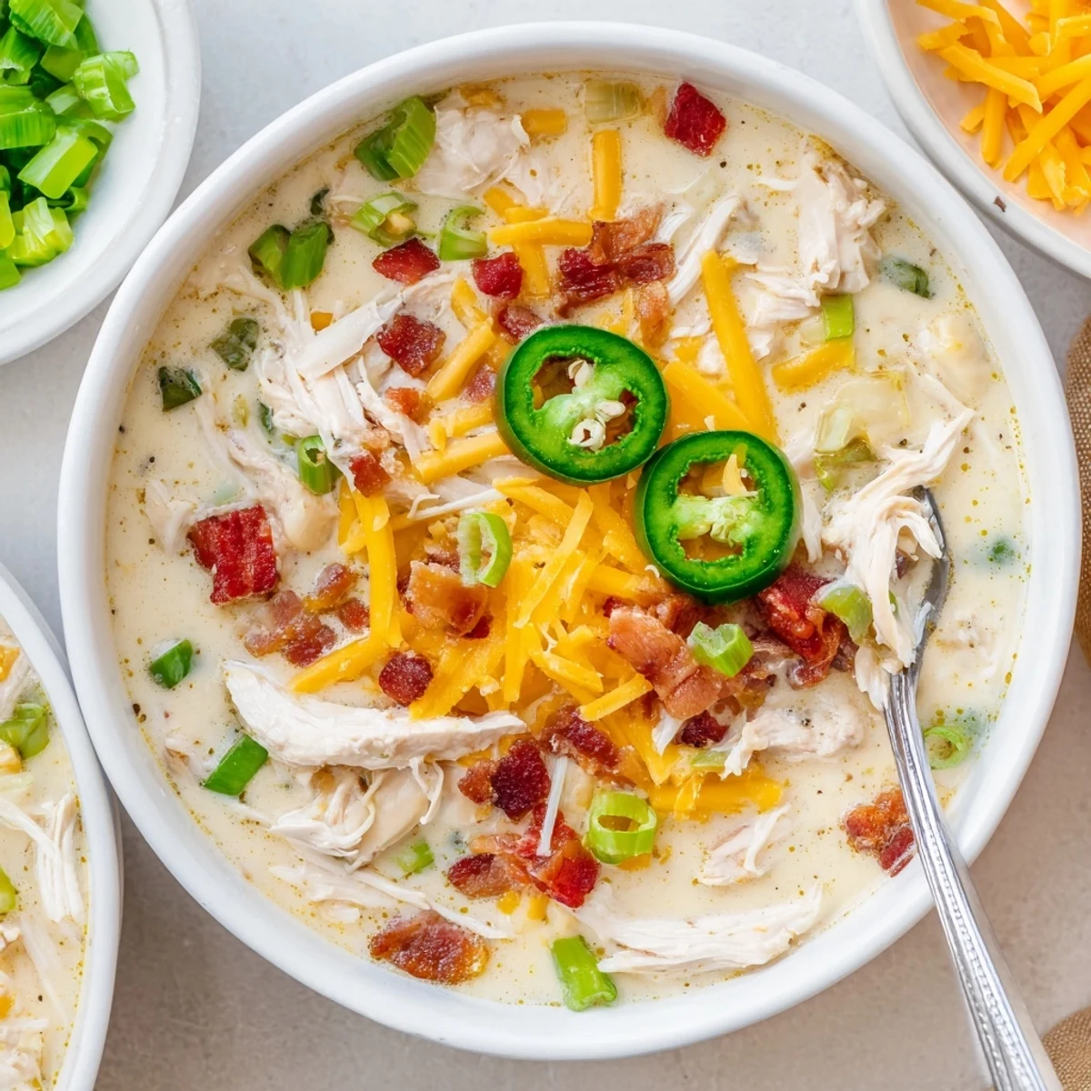 Creamy spicy jalapeno popper chicken soup garnished with bacon, cheese, and fresh green onions