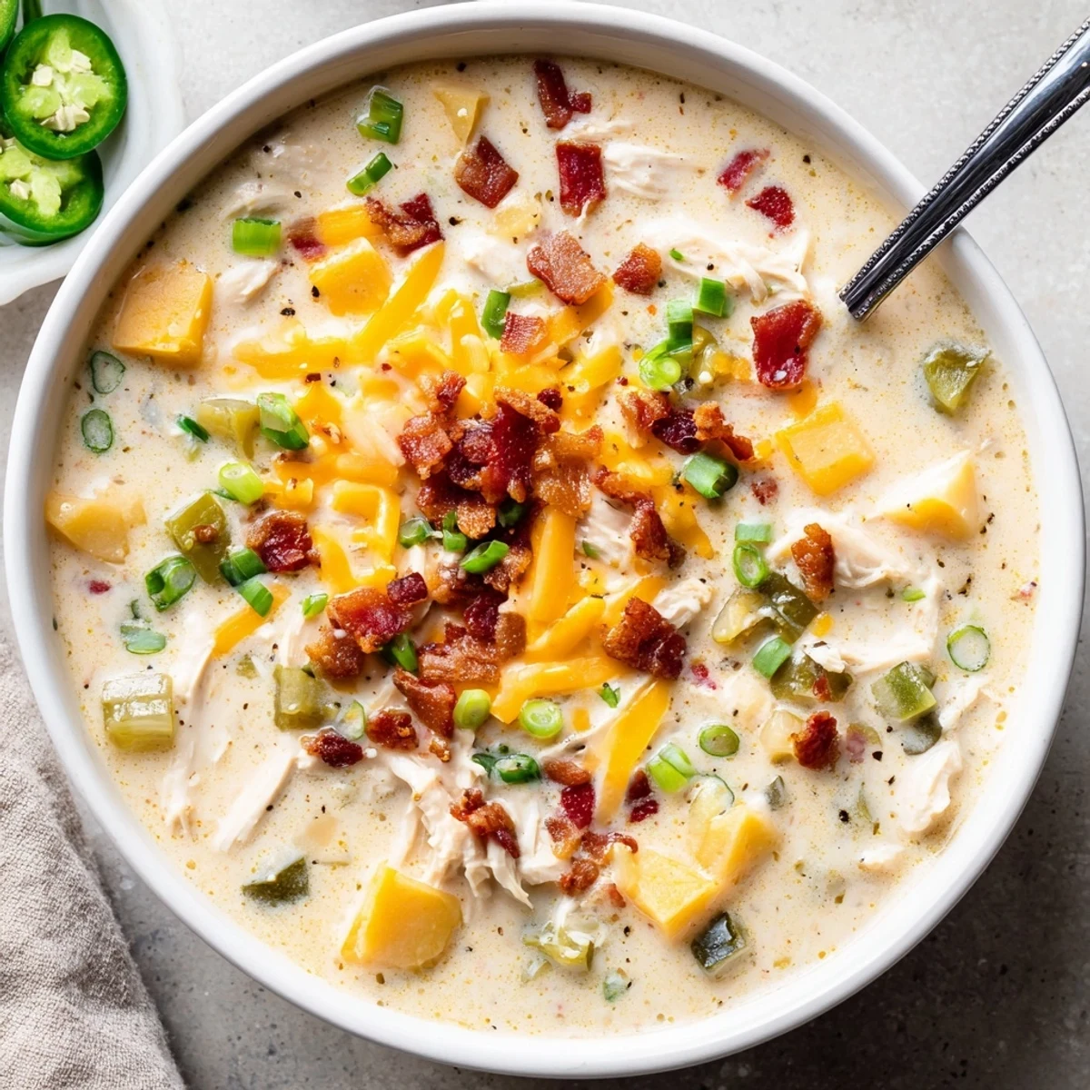 Steaming spicy jalapeno popper chicken soup with diced peppers and cheese shreds on top