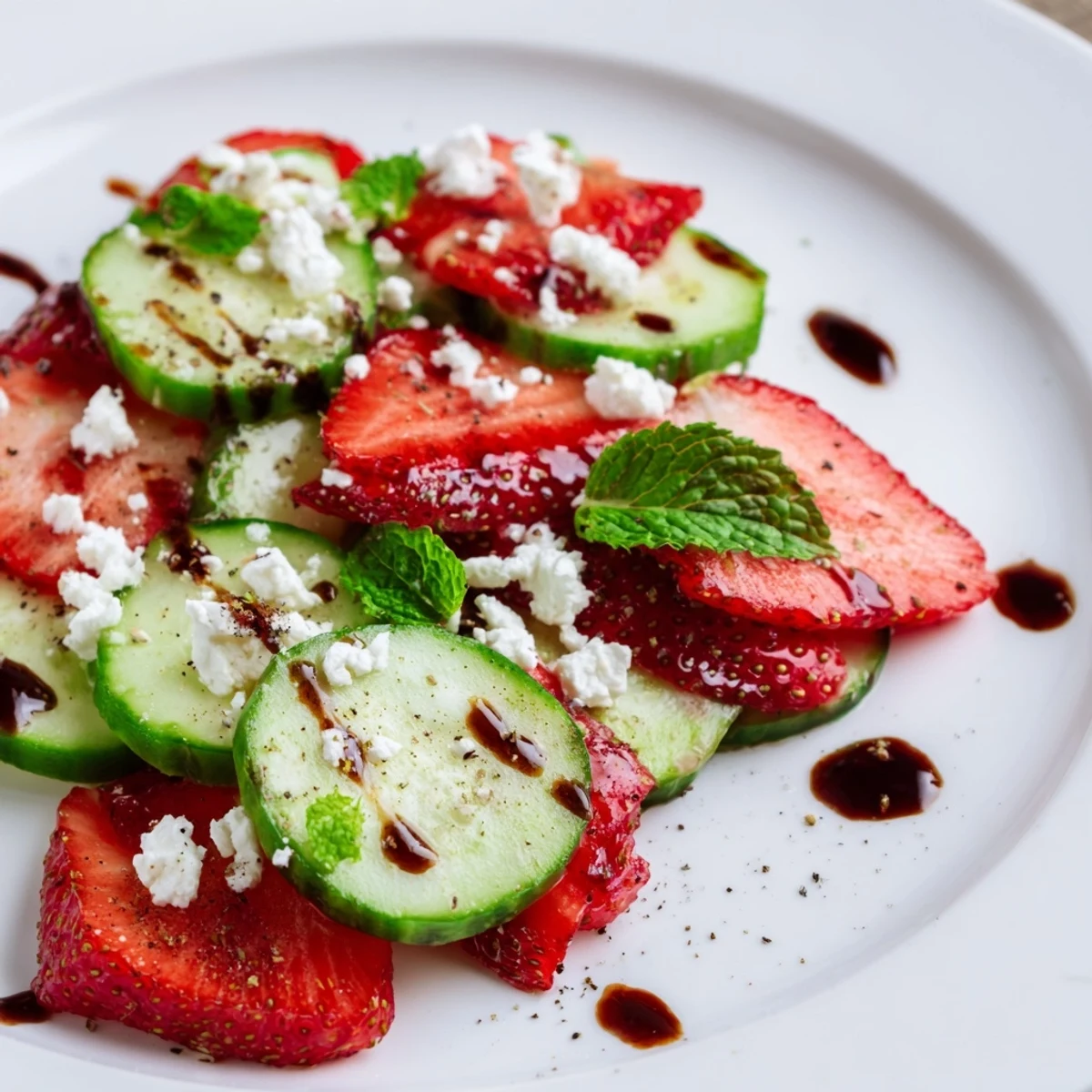 Colorful summer strawberry cucumber salad featuring bright red fruit, green cucumbers, and fresh mint leaves drizzled with balsamic dressing