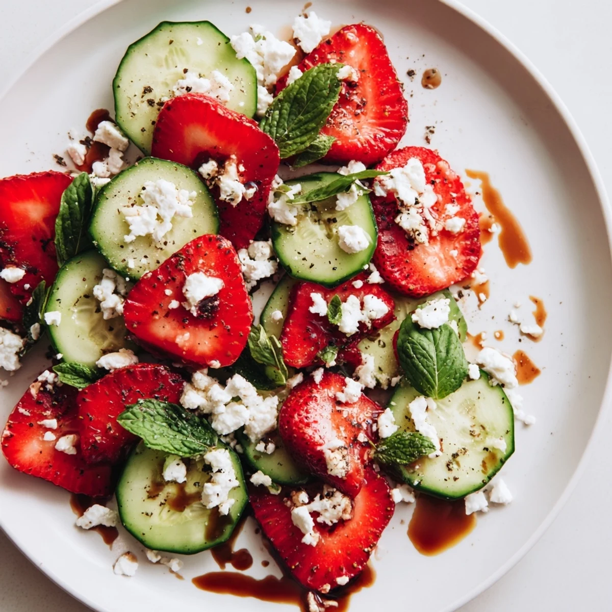 Fresh strawberry cucumber salad layered with juicy berries, crisp cucumber slices, and tangy feta cheese in a white bowl