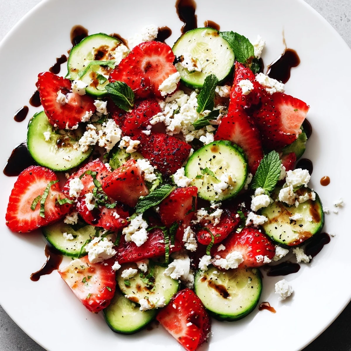 Vibrant bowl of strawberry cucumber salad topped with crumbled feta, herbs, and freshly ground black pepper on a rustic wooden table
