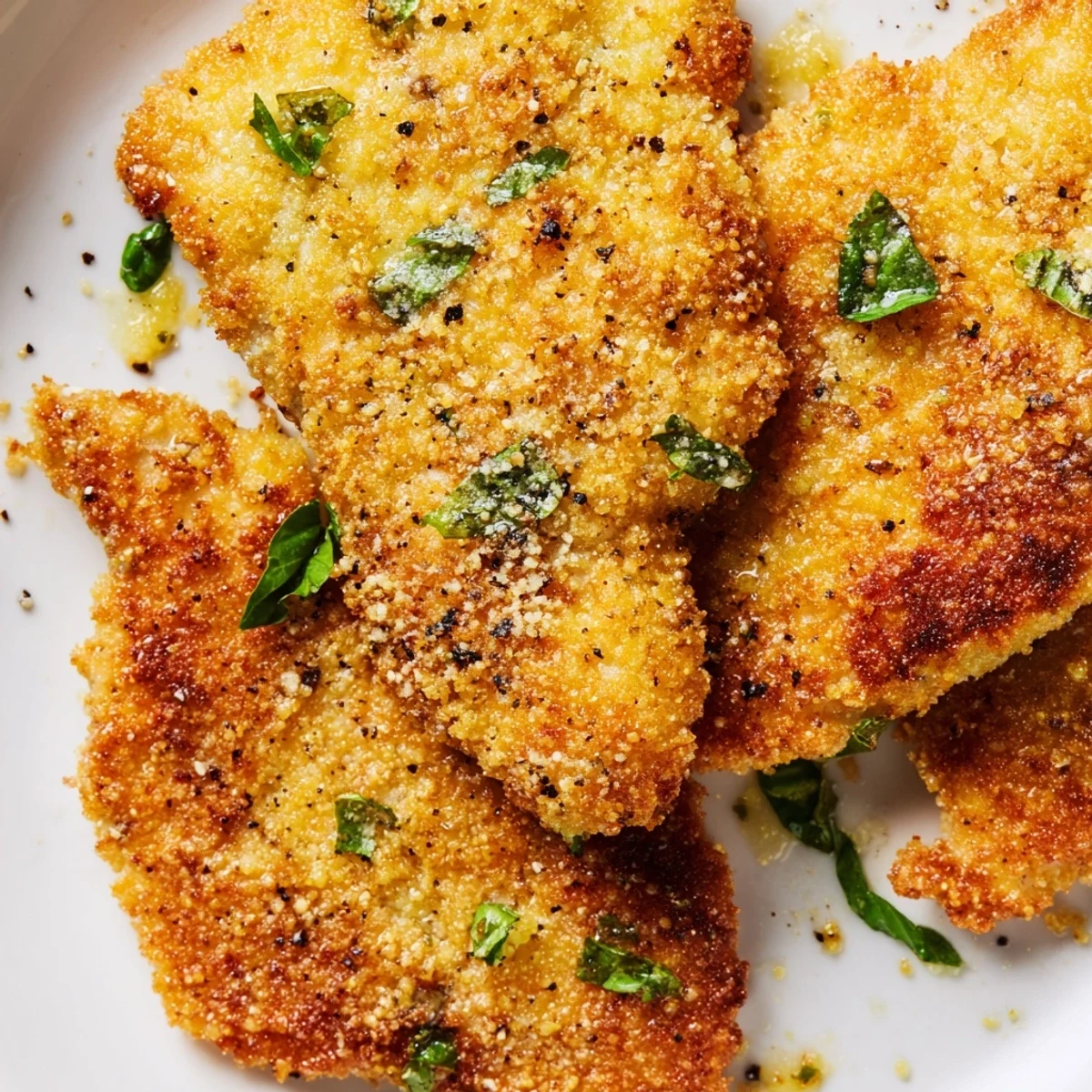 Golden crispy Parmesan basil chicken cutlets served on a white plate with fresh basil garnish