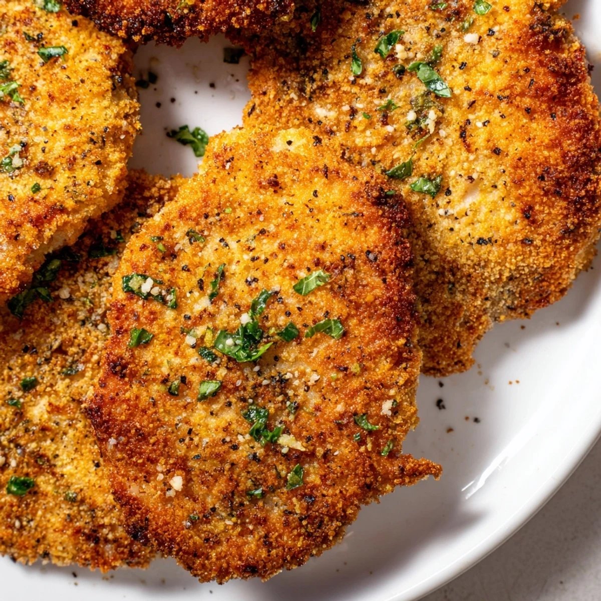 Pan-fried chicken cutlets with crunchy Parmesan basil coating on a wooden cutting board