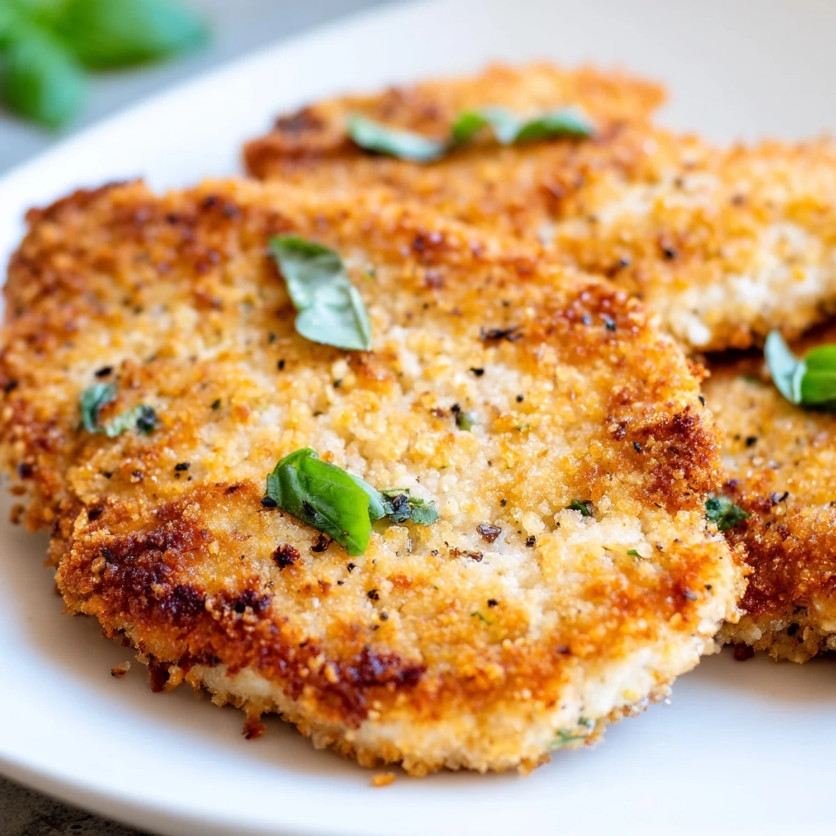 Italian-American chicken cutlets with golden breadcrumb crust and fresh basil leaves on plate