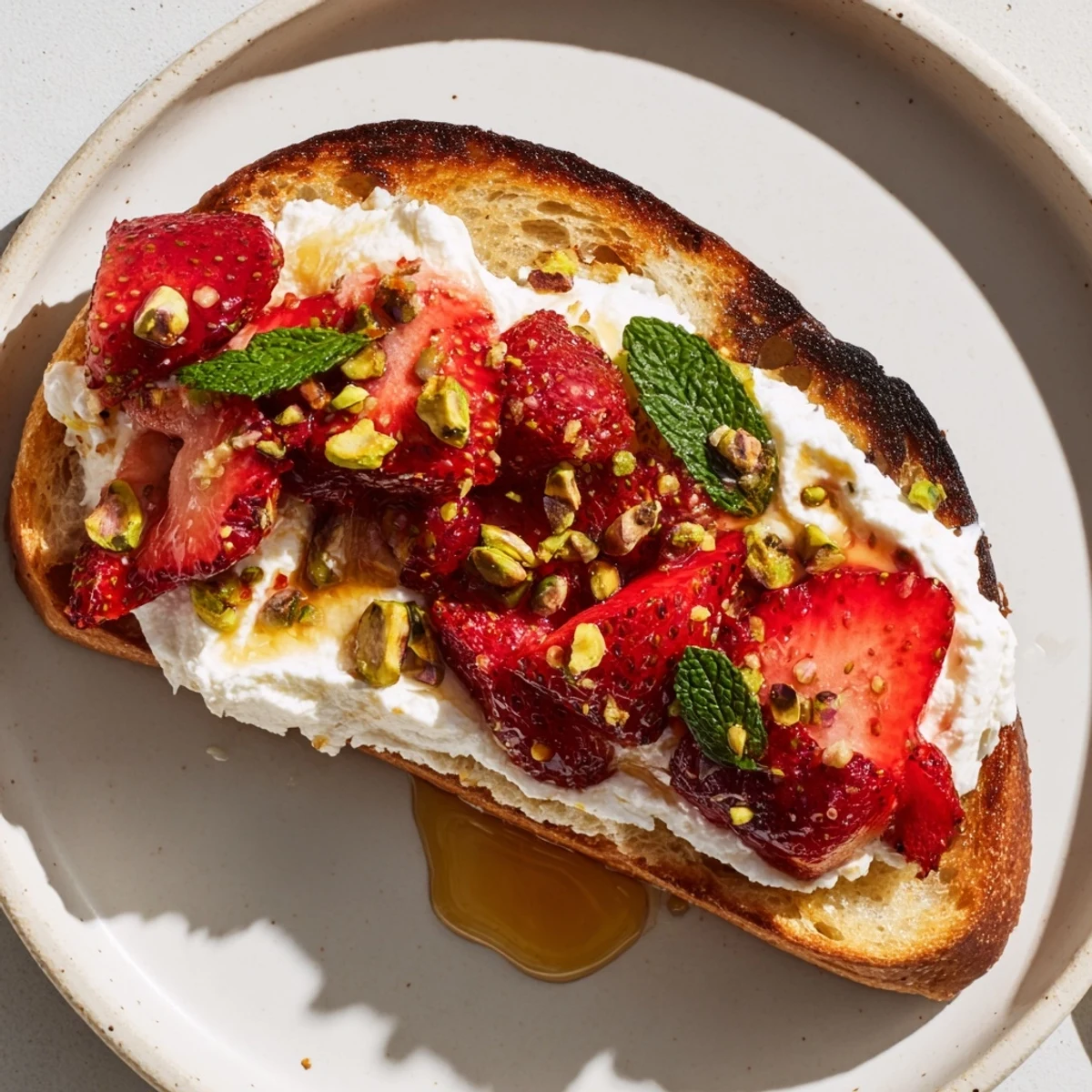 Golden roasted strawberry whipped ricotta toast topped with syrupy berries on crunchy sourdough bread