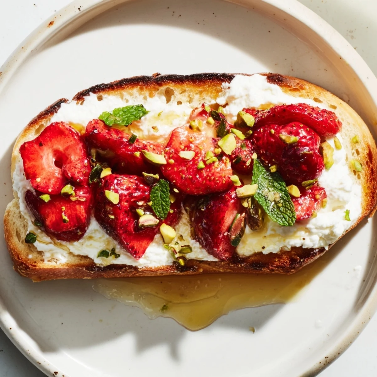 Creamy whipped ricotta toast layered with sweet roasted strawberries and fresh mint garnish on artisan bread