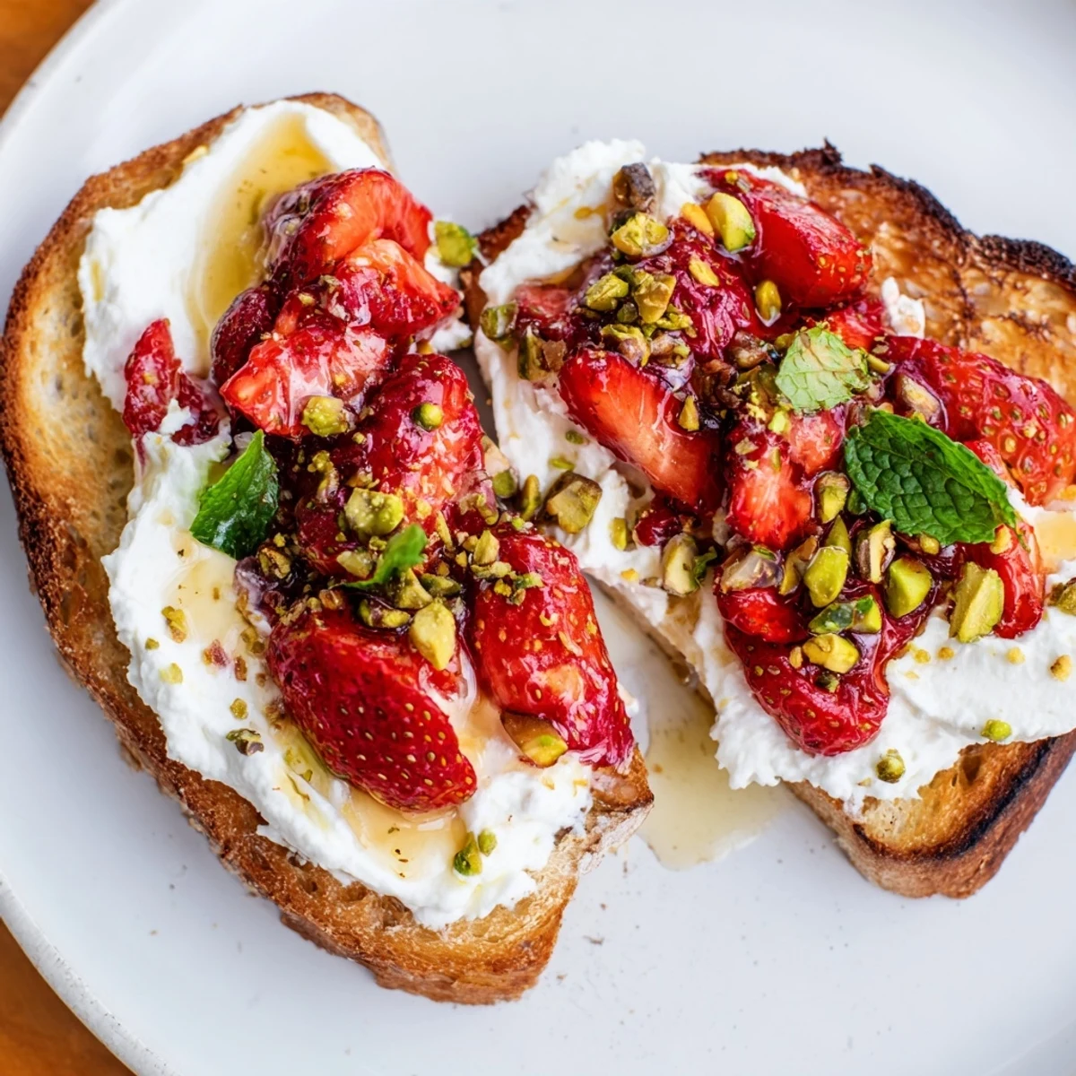 Vibrant brunch spread featuring roasted strawberry whipped ricotta toast with honey drizzle on crusty slices