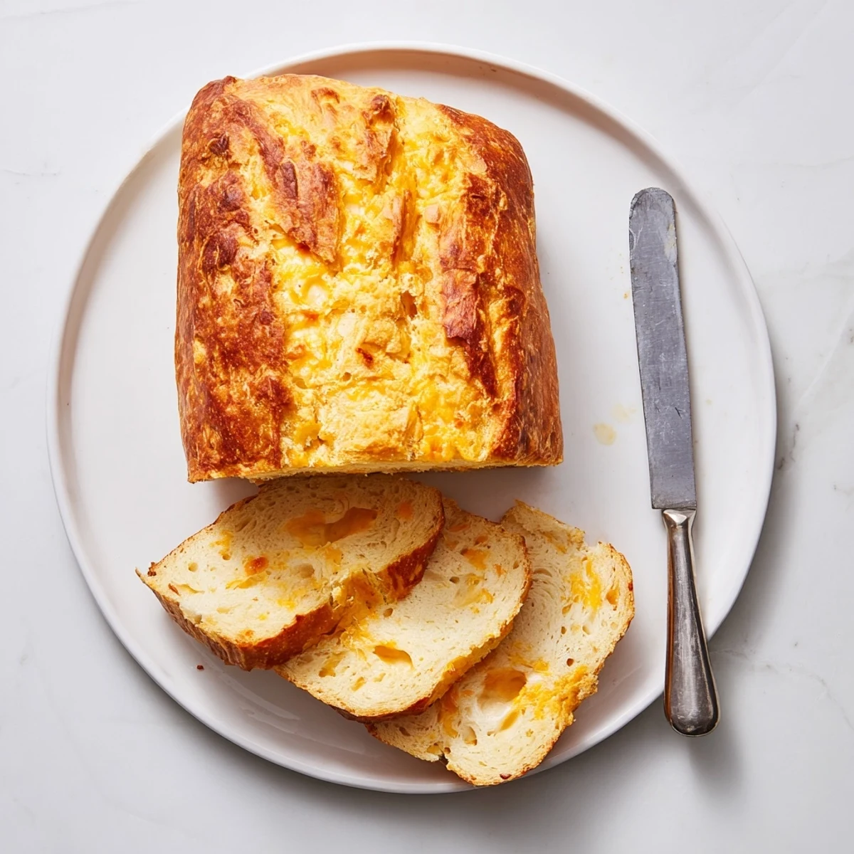 Golden no knead cheddar bread with a crisp crust and tender cheesy interior
