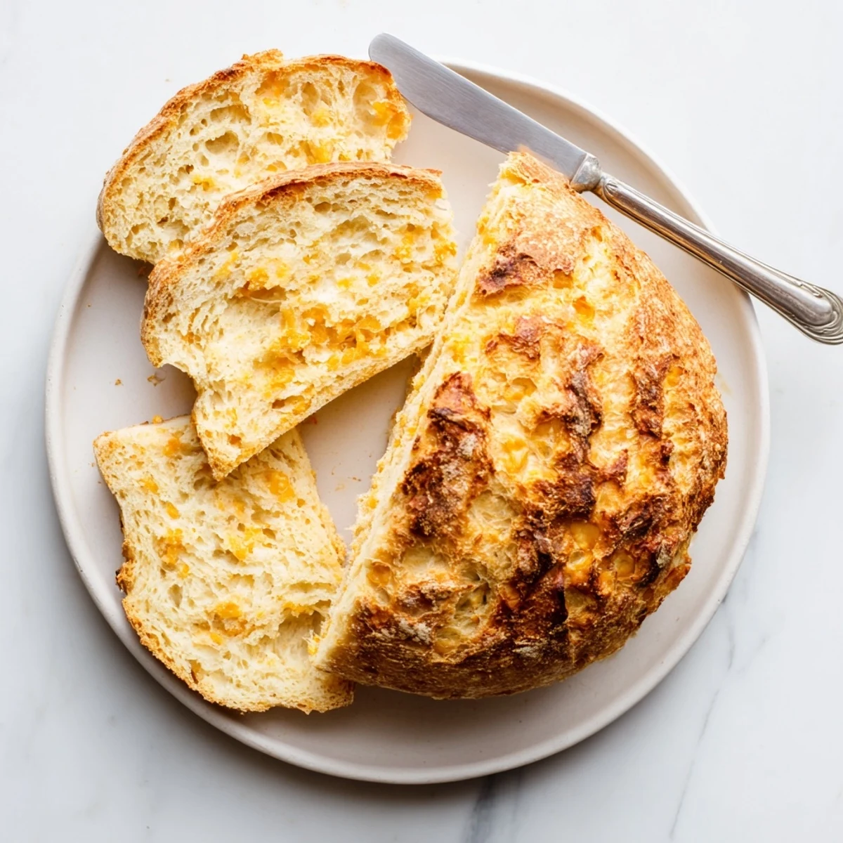 Rustic loaf of no knead cheddar bread cooling on a wire rack