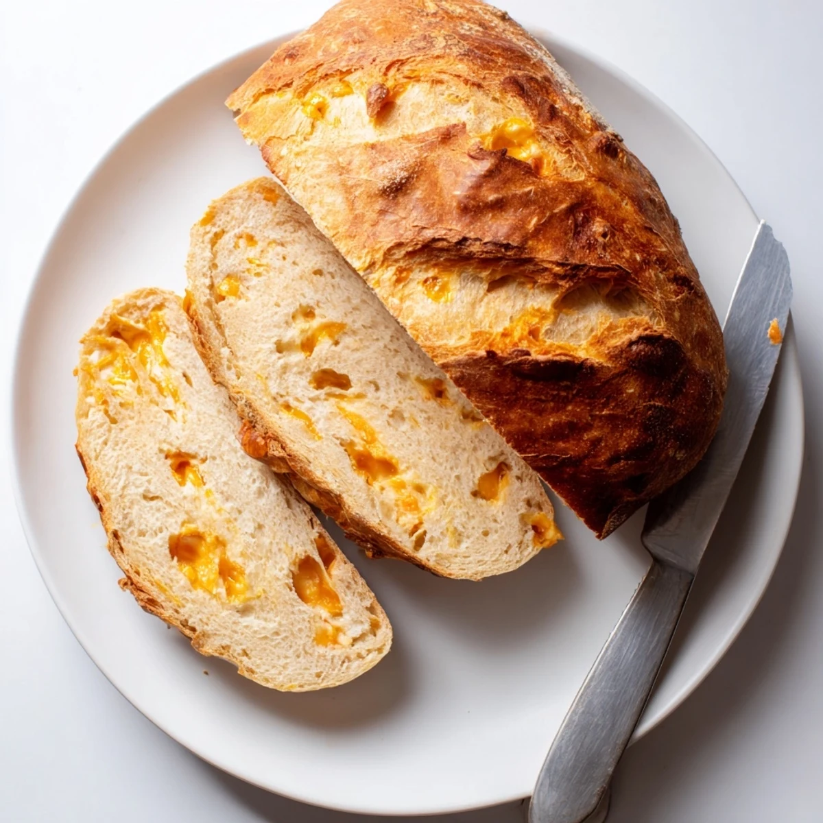 Sliced no knead cheddar bread revealing pockets of melted sharp cheese inside