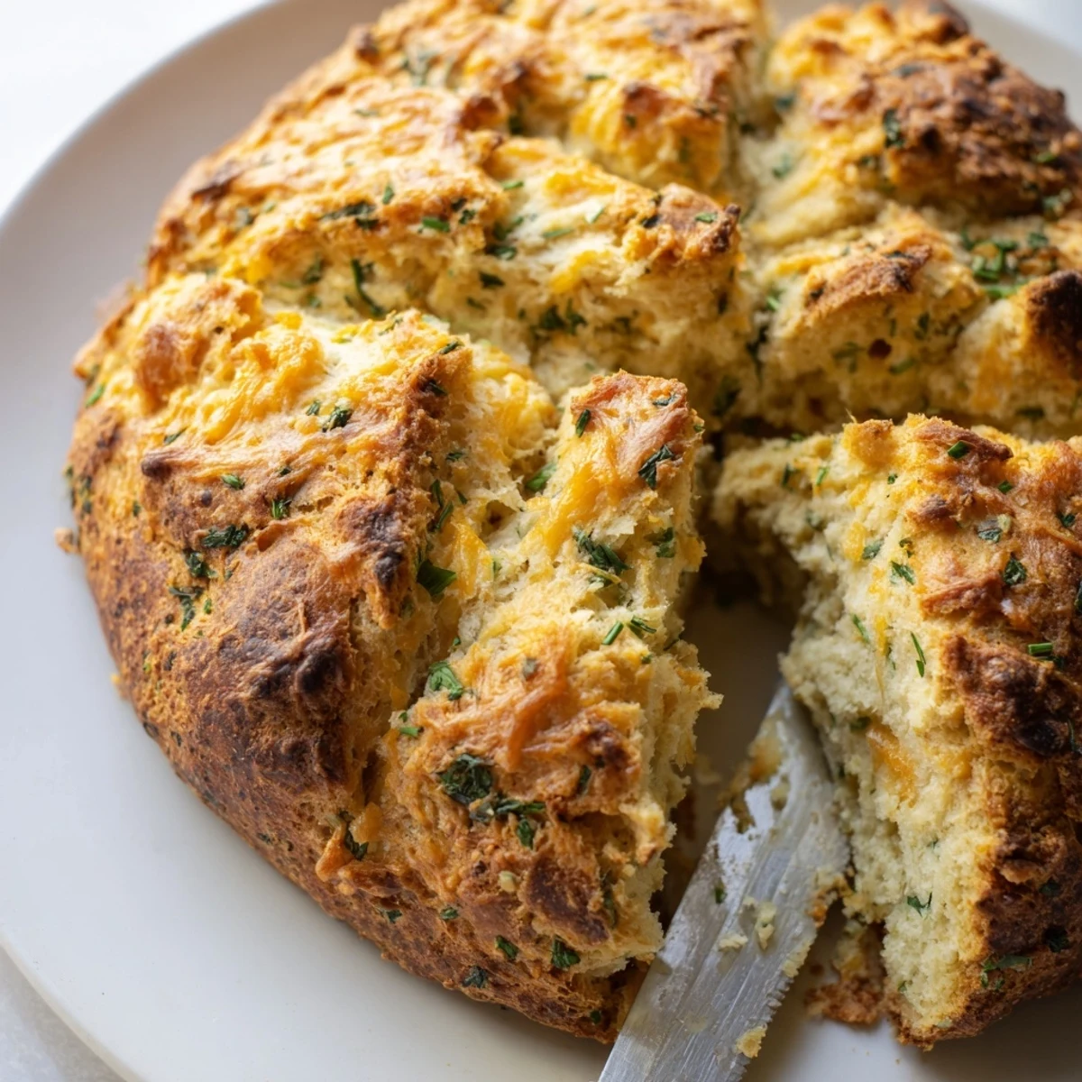 Rustic soda bread with sharp cheddar and fresh herbs baked until golden and crusty